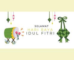idul Fitri eller eid mubarak bakgrund med eid Ketupat ikoner och percussion instrument vektor