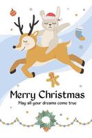Postkarten auf Neu Jahr und Weihnachten. ein Hase Fahrten ein Reh. Vektor Illustration
