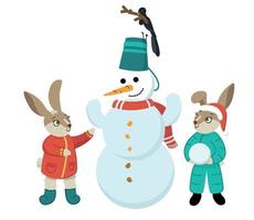 kaniner skulptera en snögubbe. söt kanin i vinter. jul och ny år. vektor illustration.