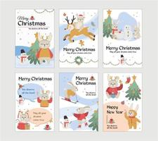 vykort på ny år och jul. en kanin står nära en jul träd, ridning en rådjur. de kanin öppen gåvor och dekorerar de jul träd. vektor illustration