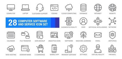 Computer Software und Bedienung Symbol Satz. Laptop, Kodierung, künstlich Intelligenz, Wolke rechnen, Datenbank, Daten Sicherung. Vektor Illustration