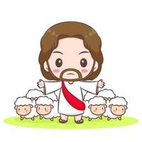 süß Jesus Christus Karikatur schützen das Schaf. Hand gezeichnet Chibi Charakter isoliert Weiß Hintergrund. Christian Bibel zum Kinder. Maskottchen Logo Symbol Vektor Kunst Illustration