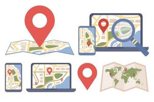 Karten mit Stift Zeiger Symbol Satz. Geographisches Positionierungs System Navigation online, Ort Symbol. Vektor eben Illustration