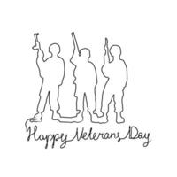 einer Linie glücklich Veteranen Tag minimalistisch kontinuierlich lineart Vektor Illustration. Amerikaner Soldaten salutieren Silhouetten, amerikanisch Flagge.