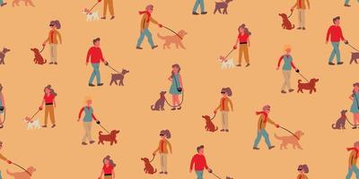 vektor sömlös mönster med hund vandrare gående de hundar på beige bakgrund. gräv ägare och hundar på de promenad. hund mönster. vektor illustration
