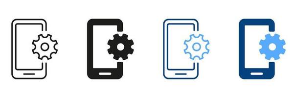 Aktualisierung Betriebs System, Reparatur Handy, Mobiltelefon Telefon Piktogramm. aktualisieren Smartphone Linie und Silhouette Symbol Satz. Rahmen oben Smartphone Symbol Konzept. Ausrüstung und Handy, Mobiltelefon unterzeichnen. isoliert Vektor Illustration.