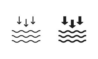 låg tidvatten silhuett och linje ikon uppsättning. vågor på de hav eller hav svart symbol samling. isolerat vektor illustration.