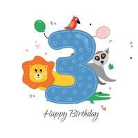 Vektor Illustration glücklich Geburtstag Karte mit Nummer drei, Tiere Löwe und Lemur, Papagei, Krokodil, Geschenke, Luftballons, Herzen. Gruß Karte mit das Inschrift glücklich Geburtstag, verdreifachen, Löwe