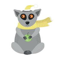 illustration av ett djur- lemur med en hatt, scarf, äpple i dess tassar. karaktär lemur med ett äpple, scarf, hatt vektor