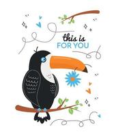 Illustration von ein Postkarte mit ein Tukan Vogel auf ein Ast mit Blätter, ein Blume im es ist Schnabel, Herzen, Gekritzel, das Inschrift diese ist zum Du. Gruß Karte Vektor