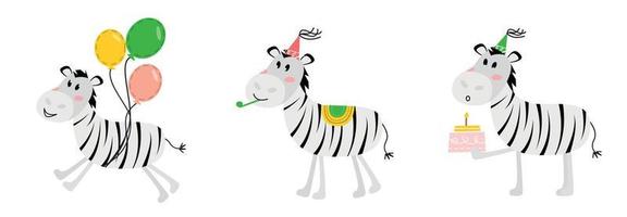 drei Urlaub Zebras. Zebras sind feiern ihr Geburtstag. Zebra mit Luftballons. Zebra mit ein festlich Deckel und ein Rohr. Zebra ist halten ein Kuchen. Vektor Illustration.