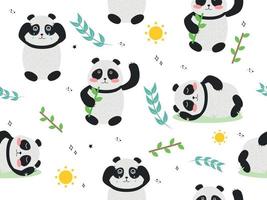 sömlös mönster med djur- panda. vektor illustration med panda, bambu gren, Sol, stjärna, klotter