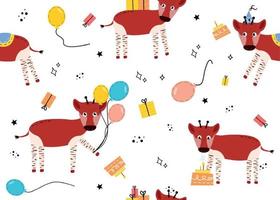 nahtlos Muster mit Okapi. Vektor Illustration mit Tier Okapi, Luftballons, Geschenk, Kuchen, Stern, Gekritzel