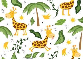 nahtlos Muster mit ein Giraffe. Vektor Illustration mit Tier Giraffe, Palme Baum, Sonne, Bananen
