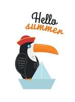illustration med en pelikan fågel i en hatt på en papper båt och de inskrift Hej sommar. en skriva ut med de ord Hej sommar och en pelikan i en panama på de båt vektor