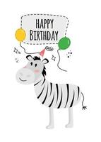 Illustration mit ein Zebra und das Inschrift glücklich Geburtstag. glücklich Geburtstag Gruß Karte mit Zebra und Luftballons. vektor