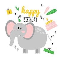 Illustration mit Elefant, Kuchen, Geschenk, Inschrift glücklich Geburtstag. glücklich Geburtstag Gruß Karte mit Baby Elefant. Gruß Karte mit Elefant glücklich Geburtstag mit Urlaub Hut, Geschenk, Kuchen, Blätter. vektor