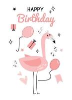 Illustration mit Flamingo und das Inschrift glücklich Geburtstag. Gruß Karte mit Flamingo, Geschenk Kasten, Ballon und das Inschrift. glücklich Geburtstag Gruß Karte mit Flamingos, Geschenke, Luftballons. vektor