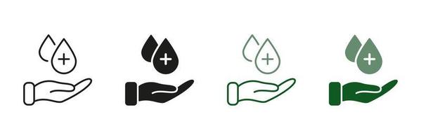 Mensch Hand mit Desinfektionsmittel Flüssigkeit fallen Symbol Sammlung. Hygiene Verfahren Linie und Silhouette Symbol Satz. Hand Waschen, Antiseptikum Alkohol Gel unterzeichnen. Verhütung Konzept. isoliert Vektor Illustration.