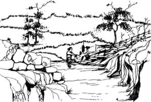 hand dragen vektor natur illustration skiss med kvinna tvätt henne skjorta i de flod
