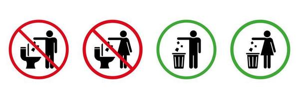 behalten sauber Toilette Silhouette Symbol Satz. erlaubt werfen Müll, Abfall, Müll nur im Behälter unterzeichnen. tun nicht werfen Müll im Toilette solide Symbol Sammlung auf Weiß Hintergrund. isoliert Vektor Illustration.