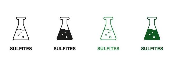 kemisk sulfat i produkt linje och silhuett ikon uppsättning. kemi konserveringsmedel grön och svart piktogram. syntetisk ingrediens symbol samling på vit bakgrund. isolerat vektor illustration.