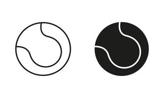 tennis runda boll svart silhuett och linje ikon uppsättning. boll för sporter spel fast och översikt symbol samling på vit bakgrund. isolerat vektor illustration.