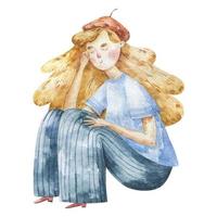 söt kvinna porträtt, en flicka med lång hår ler, vattenfärg illustration vektor