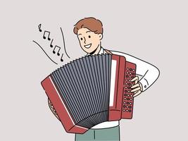 leende man spelar på dragspel. Lycklig manlig spela musik på traditionell musikalisk instrument. underhållning och hobby. vektor illustration.