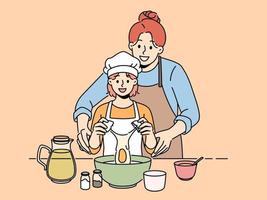 lächelnd Mutter und wenig Tochter Kochen zusammen beim heim. glücklich Mama lernen Backen mit klein Mädchen Kind im Küche. Familie Hobby. Vektor Illustration.