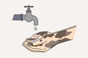 Nahansicht von Person mit schmutzig Hände warten zum Wasser von Wasserhahn. erwarten sauber Wasser von Zapfhahn im Leiden Arm Regionen. Konzept von Trockenheit. Vektor Illustration.