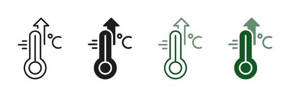 ist gestiegen Temperatur von Mensch Körper. hoch Temperatur Rahmen Linie und Silhouette Symbol Satz. Grippe, kalt, Virus, Fieber Symptome Symbol Sammlung. Thermometer mit Pfeil oben Piktogramm. Vektor Illustration.