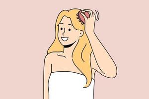 kvinna i handduk efter dusch använda sig av skalp borsta masse huvud. kvinna efter bad massage skalp med skönhet verktyg. vektor illustration.