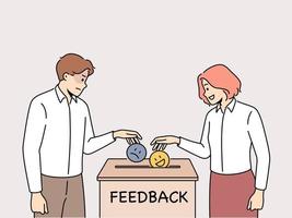 Mann und Frau werfen Emojis in Box geben positiv oder Negativ Feedback zum Service. Menschen mögen oder nicht gefallen Unternehmen Service. Vektor Illustration.