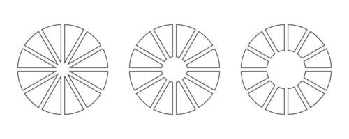 Räder runden geteilt im zwölf Abschnitte. Gliederung Krapfen Diagramme oder Kuchen segmentiert auf 12 gleich Teile. Diagramme Infografik Satz. Kreis Sektion Graph Linie Kunst. Kuchen Diagramm Symbol. geometrisch Elemente.