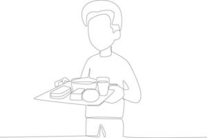 ein Junge bringt ein voll Speisekarte von Mittagessen einer Linie Zeichnung vektor
