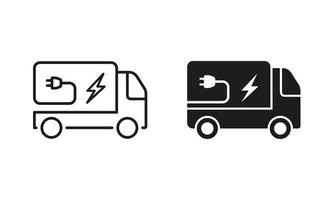 Fahrzeug Transport mit Öko Grün Elektrizität Leistung Linie und Silhouette Symbol Satz. elektrisch van Piktogramm. Ökologie Energie LKW Symbol Sammlung auf Weiß Hintergrund. isoliert Vektor Illustration.