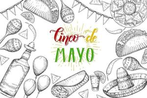 cinco de mayo festlicher Hintergrund mit handgezeichneten Symbolen - Chili-Pfeffer, Maracas, Sombrero, Nachos, Tacos, Burritos, Tequila, Luftballons, die auf Weiß isoliert werden. handgemachte Schrift.
