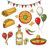 cinco de mayo vektor färgad uppsättning. handritade symboler - chilipeppar, maracas, sombrero, nachos, tacos, burritos, tequila, ballonger, flagga krans isolerad på vitt. skiss. mexikansk mat och föremål