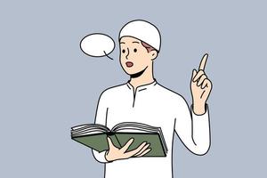 Arabisch Mann im traditionell Kopfbedeckungen lesen von Koran. Muslim männlich machen Rede halten Koran im Hände. Religion und Vertrauen Konzept. Vektor Illustration.