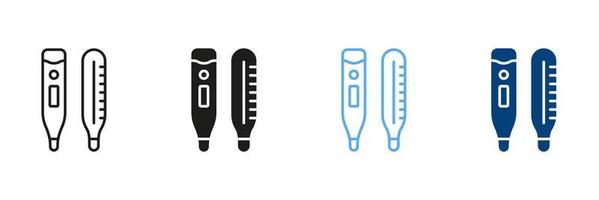 medizinisch Werkzeug zum Temperatur Steuerung Piktogramm. Thermometer Linie und Silhouette Symbol Satz. elektronisch und Merkur Thermometer schwarz und Farbe Symbol Sammlung. isoliert Vektor Illustration.