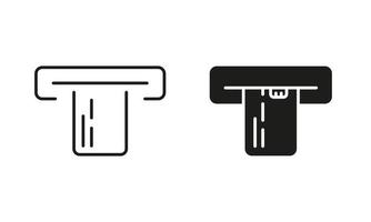 Föra in kreditera kort till Bankomat linje och silhuett ikon uppsättning. bank elektronisk betalning transaktion piktogram. betala förbi kreditera kort i pos symbol samling på vit bakgrund. isolerat vektor illustration.