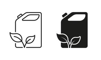 burk för eco bensin linje och silhuett ikon uppsättning. behållare för organisk flytande piktogram. bränsle kan för naturlig diesel symbol samling på vit bakgrund. isolerat vektor illustration.