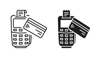 pos med kreditera kort silhuett och linje ikon uppsättning. Bank terminal maskin för kontantlös betalning piktogram. bank finansiera elektronisk pengar transaktion. redigerbar stroke. isolerat vektor illustration.