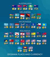 uppsättning av ikoner av flaggor och nationell valutor av länder i oceanien. Australien, polynesien, micronesia och melanesi. vektor illustration.