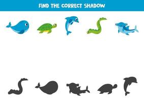 finden das richtig Schatten von süß Meer Tiere. logisch Puzzle zum Kinder. vektor