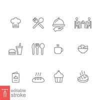 restaurang mat ikon uppsättning. enkel översikt stil. äta, kök, tabell, tallrik, kock, middag, maträtt, mat och dryck begrepp. vektor illustration isolerat på vit bakgrund. redigerbar stroke eps 10.