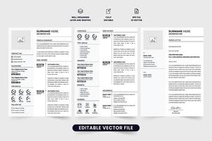 einfach Job Anwendung Lebenslauf Vorlage mit Erfahrung und Fertigkeit Sektion zum das korporativ Büro. fortsetzen Vorlage Design mit Foto Platzhalter. Büro Beschäftigung Lebenslauf Layout Vektor mit ein Startseite Brief.