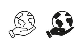 hand halten planet erde linie und silhouette symbolsatz. Mensch schützt Umwelt-Bio-Piktogramm. globaler frieden, unterstützung, hilfe, symbolsammlung auf weißem hintergrund speichern. isolierte Vektorillustration. vektor