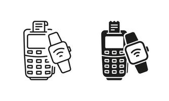 smart klocka och Bank terminal trådlös betalning linje och silhuett ikon uppsättning. betala förbi smart Kolla på för inköp piktogram. pos och elektronisk armband symbol samling. isolerat vektor illustration.